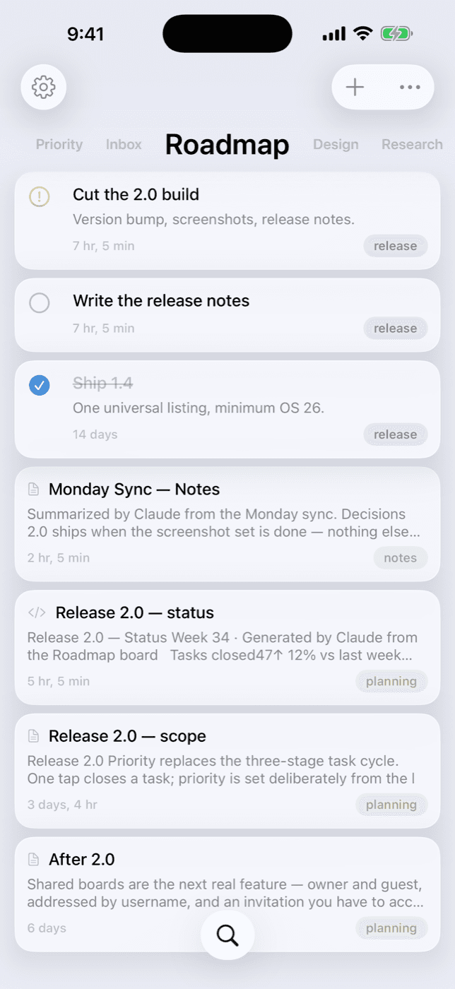 One tap closes a task — done tasks stay on the board