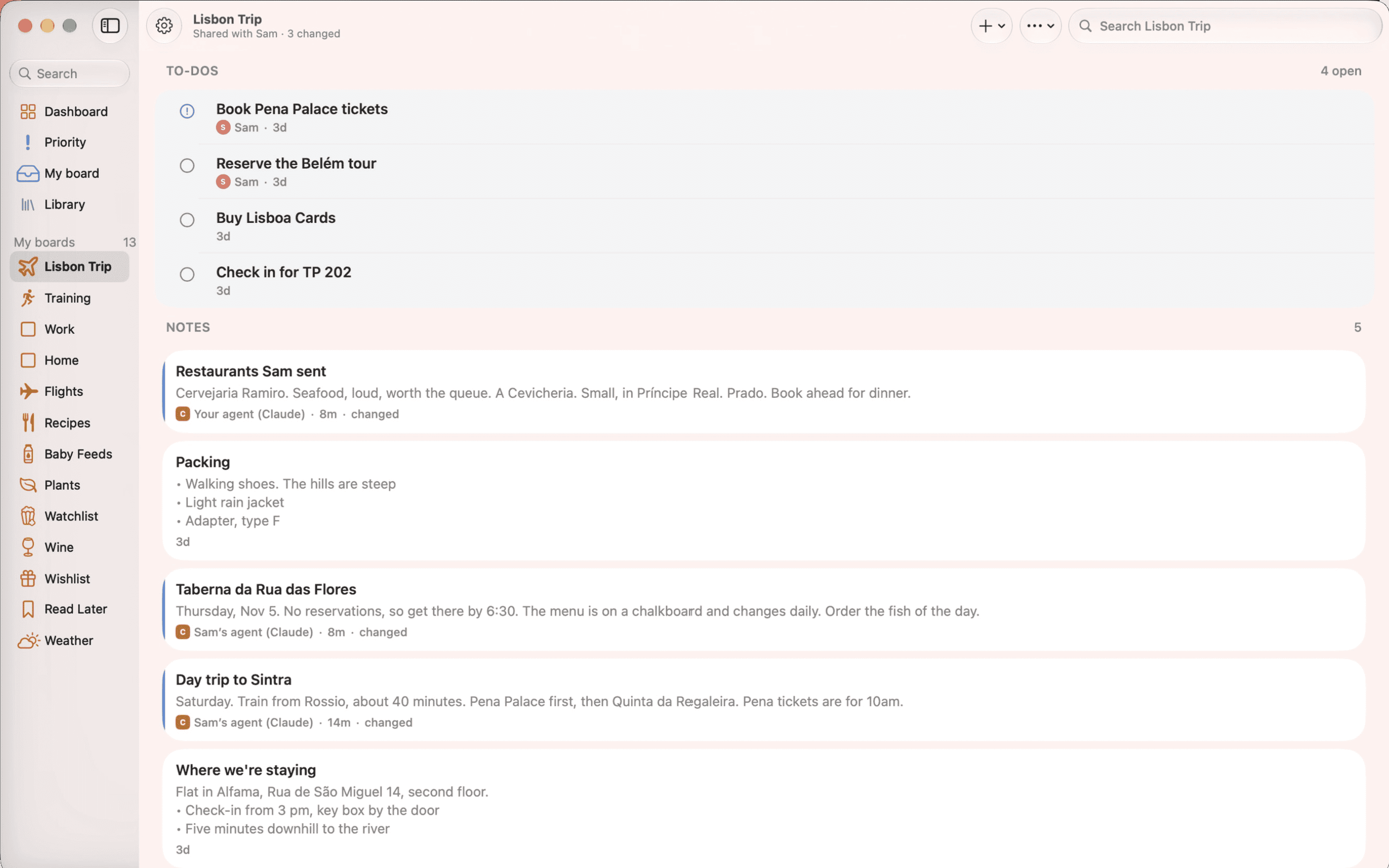 Kyle on Mac: the sidebar and a shared trip board