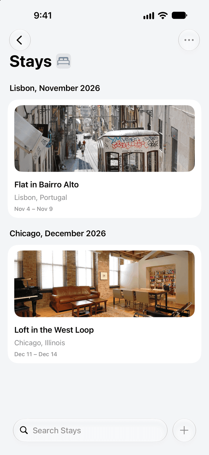 A Stays board in Kyle: where you're staying on each trip, with photos